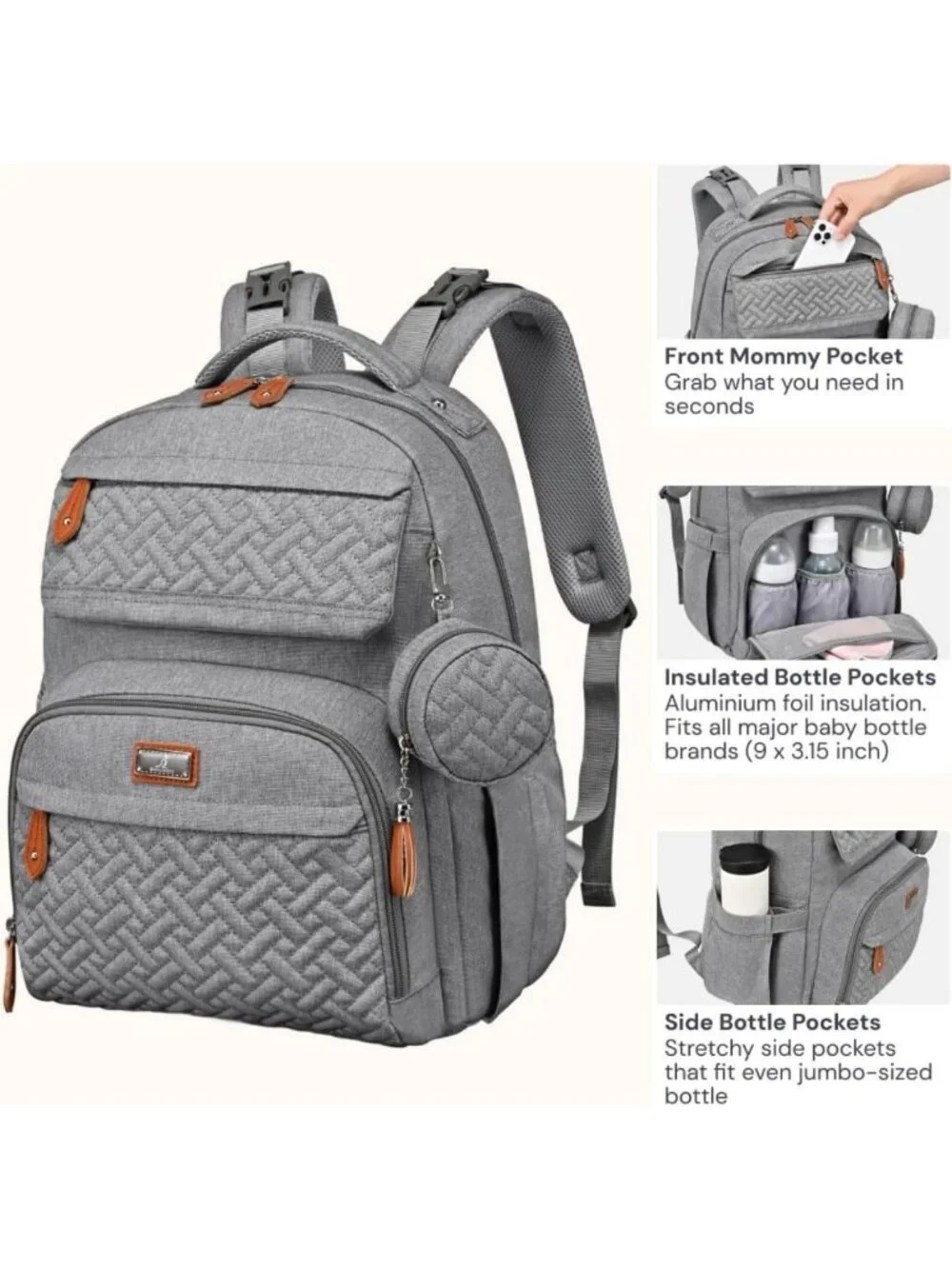 Large Waterproof Diaper Bag Backpack for Travel, Changing Pad, Stroller Clips